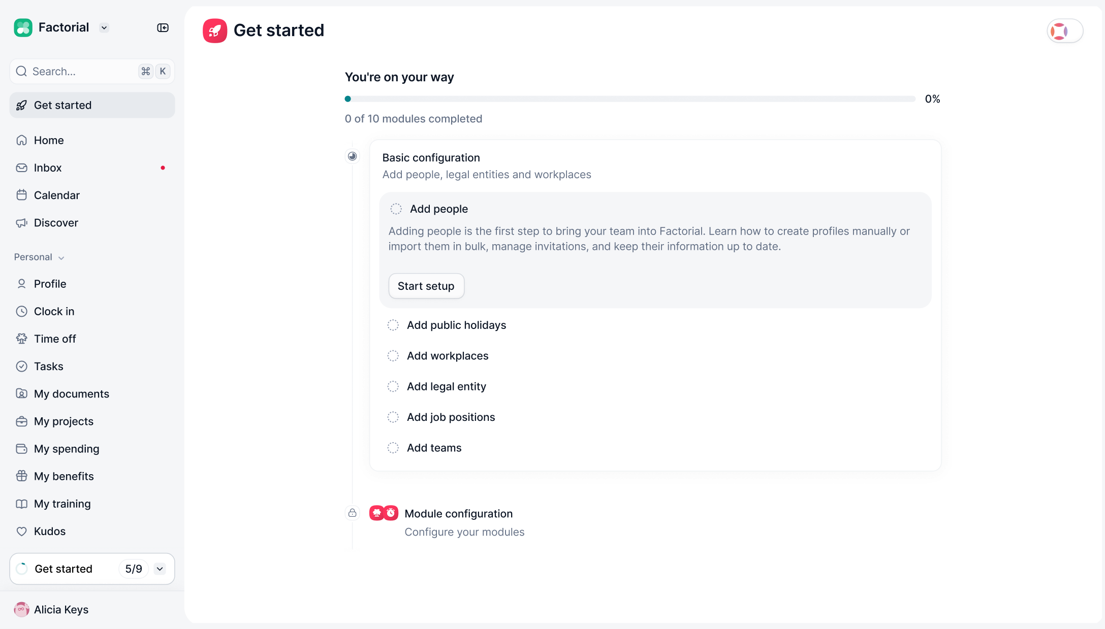 The simplified Get started page: the left nav beside a progress bar reading 0 of 10 modules completed, a Basic configuration card with Add people expanded over five more setup tasks, and Module configuration locked below it.