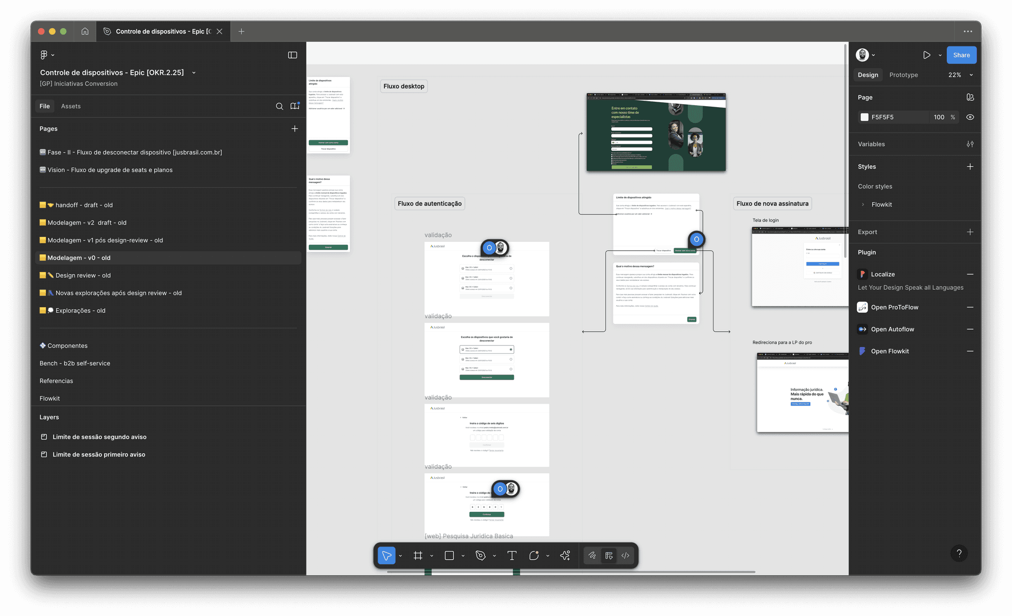 The device-control file in Figma: pages for the disconnect flow and the seats upgrade vision beside a canvas of labelled flows — authentication, desktop, and new subscription — each a run of screens wired together with connectors.