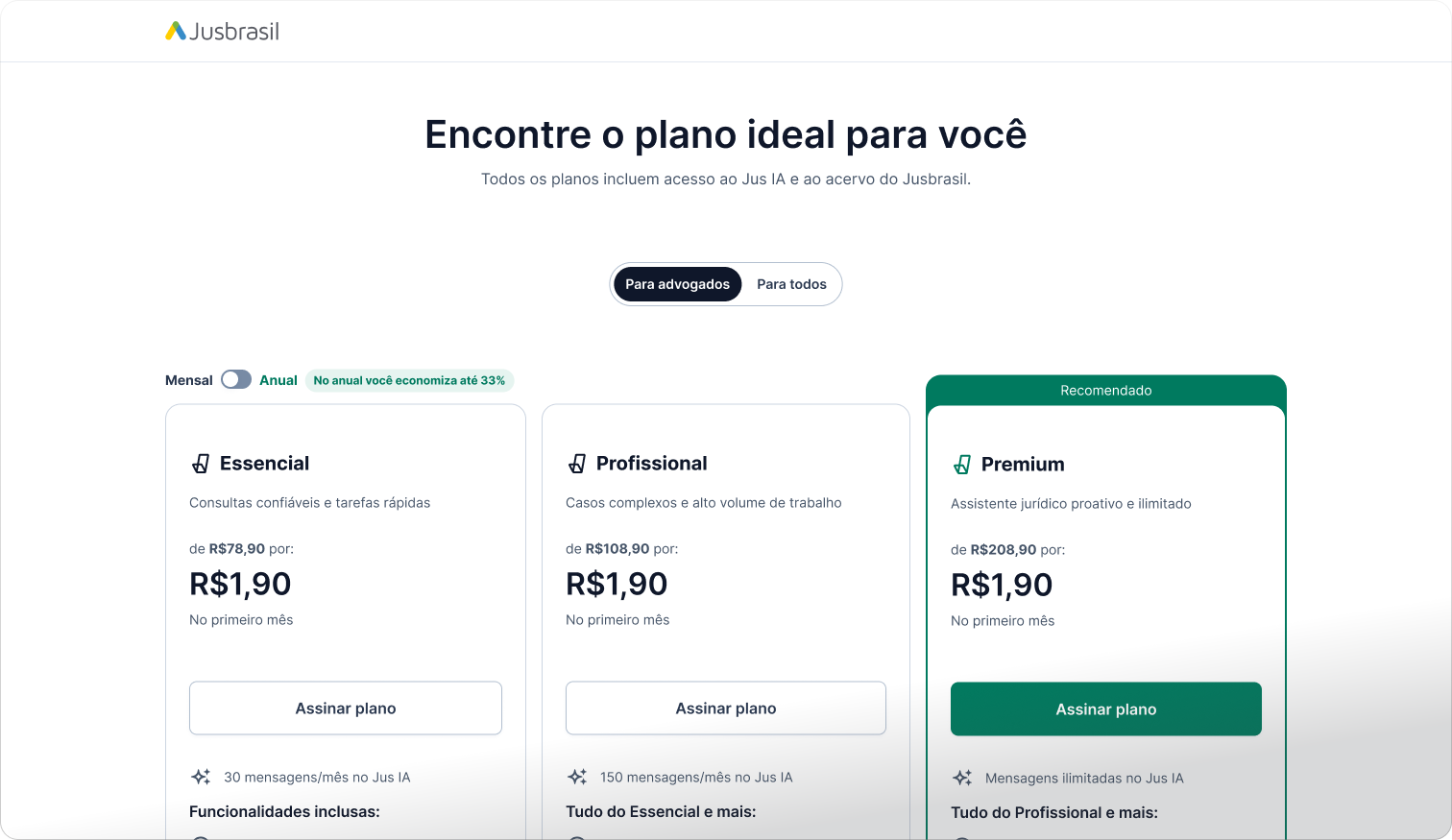 Jusbrasil's plans page after the repackaging: Essencial, Profissional, and a recommended Premium tier, each including Jus IA, with a monthly/annual toggle.