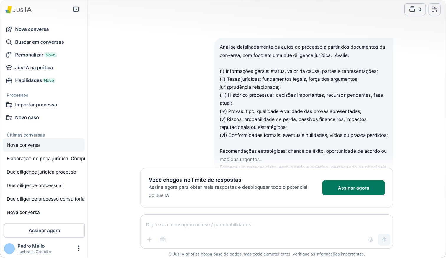 The Jus IA chat with a due-diligence answer on screen and an inline card below it reading 'Você chegou no limite de respostas', with an 'Assinar agora' button.